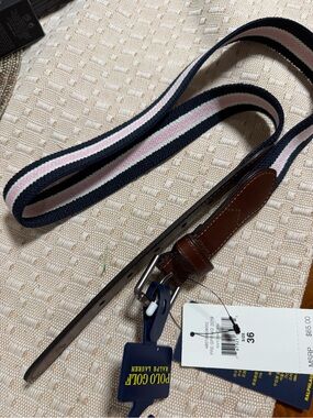 Polo by Ralph Lauren Navy and Pink Striped Webbing Belt with Brown Leather Trim